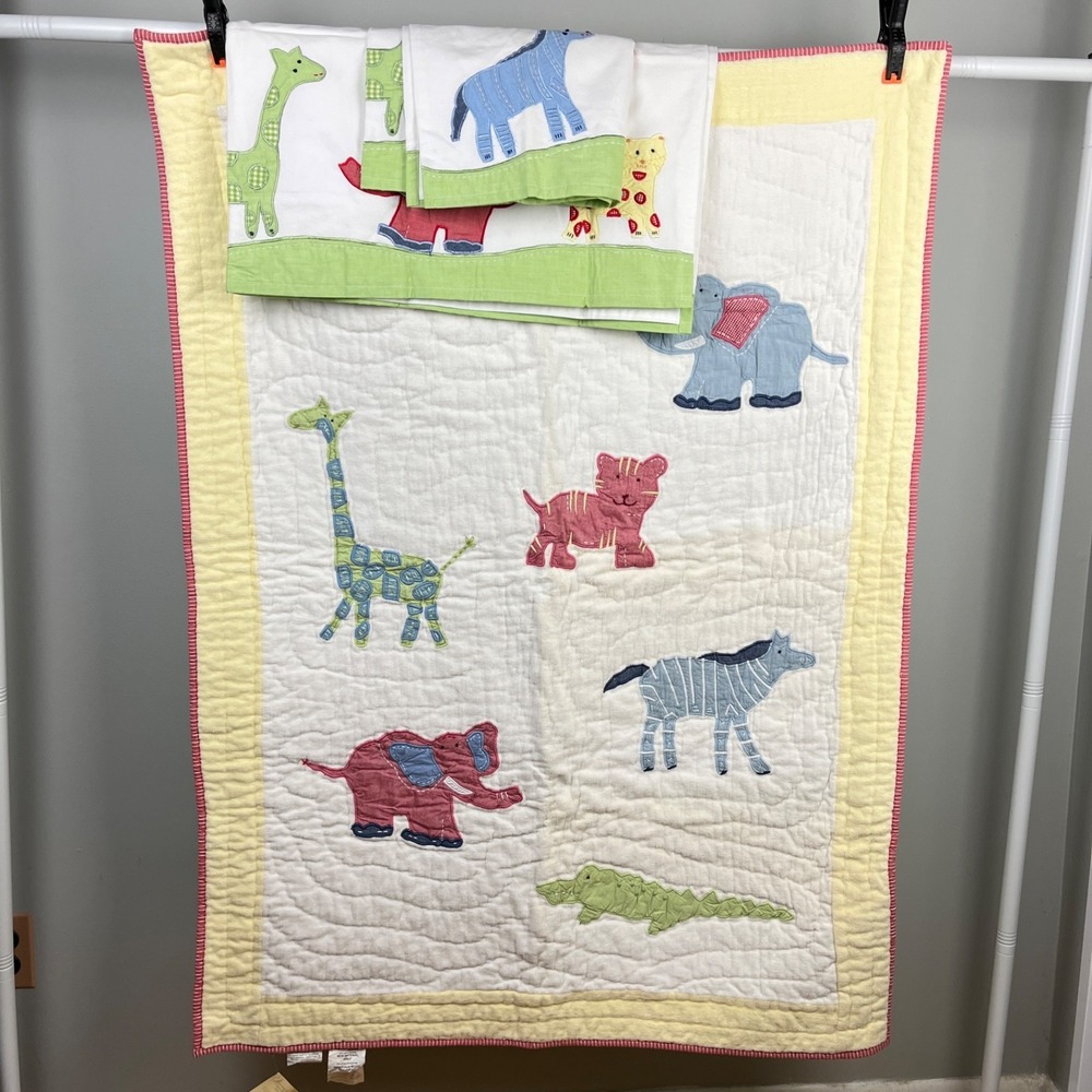 Pottery Barn Kids Safari Animal‎ Crib/Toddler Quilt & 2 Window Valances